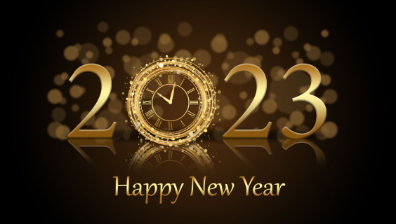 Gyldent Happy New Year 2023 med et ur i nullet